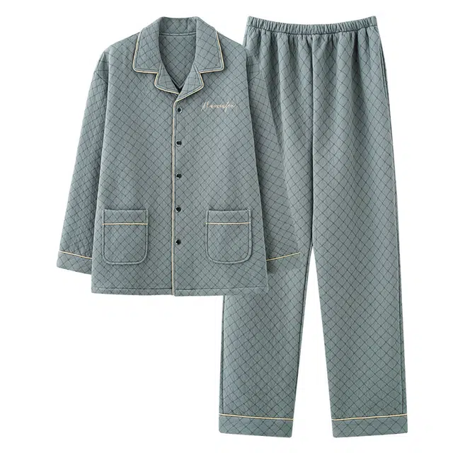 乐姿韵 甜美时尚条纹柔软保暖翻领开衫长袖长裤舒适休闲家居服睡衣套装 男款 军服蓝
