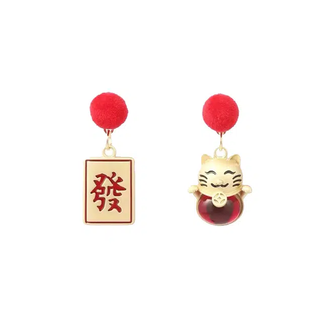 韵系 新年红不对称招财猫 铜镀金 耳环 女款