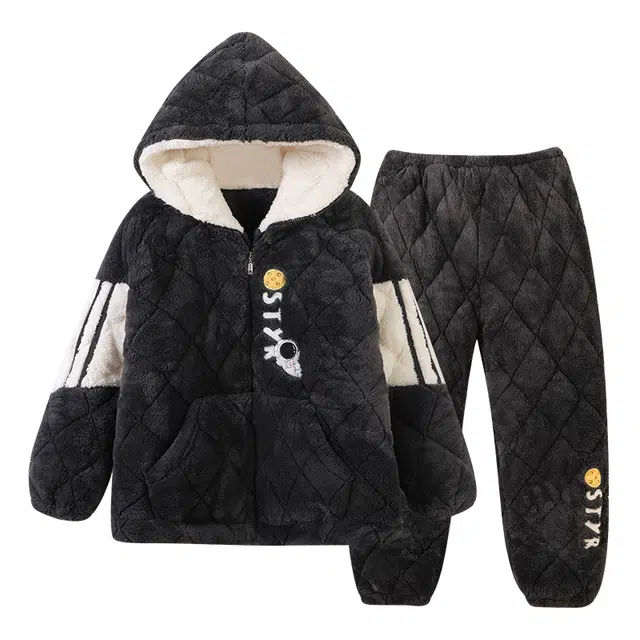 俏霓桐 青少年加绒三层夹棉连帽简约休闲加厚加绒长袖上衣学生可外穿保暖家居服长裤睡衣套装 男款 图色