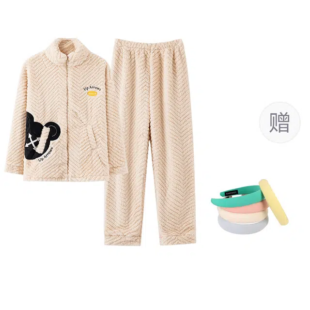 草本初色 加厚加绒保暖长袖上衣家居服长裤睡衣套装 女款 图片色