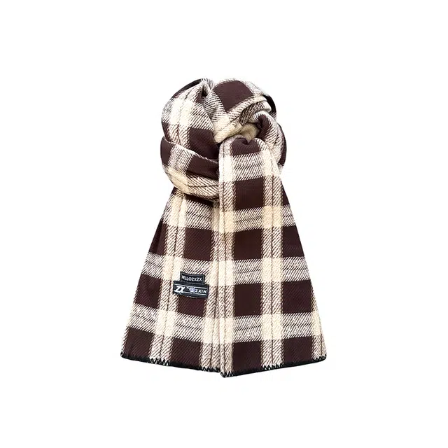 木林森 日系复古棕色高级感格子围脖 冬季加厚保暖百搭  绒线围巾 男女同款情侣款