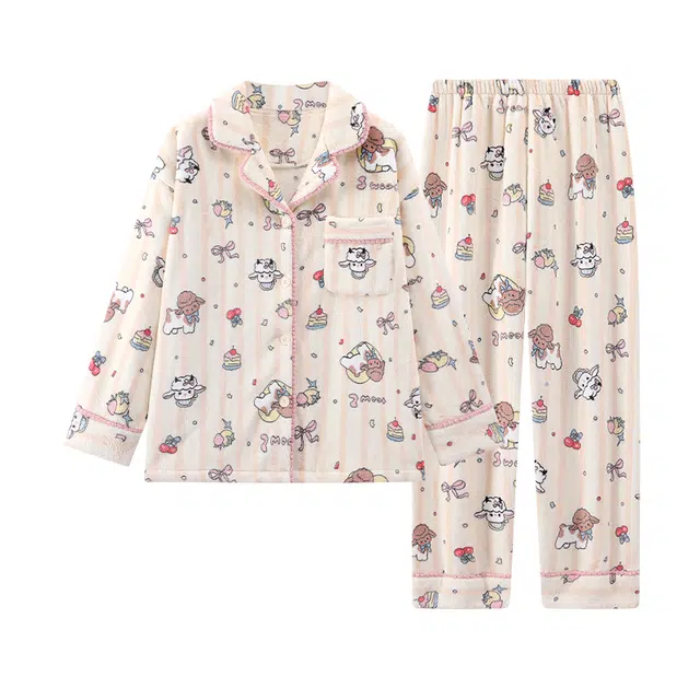 莫代尔 舒适亲肤保暖储温蓄热加厚卡通满印家居服可外穿睡衣套装 女款 杏色