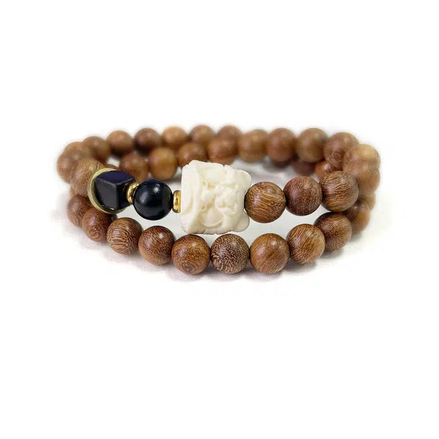 九隆古 新中式国潮转运醒狮纳福文玩 本命年双圈叠戴 生日纪念日送礼好礼盒装#好运 金丝檀木 手串 男女同款情侣款