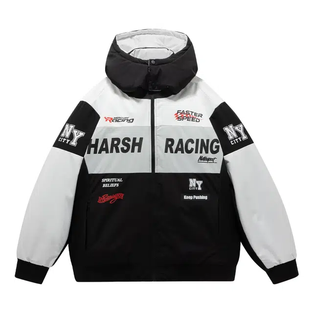 纳趣 美式复古防风宽松休闲机车赛车服连帽棉服 男女同款