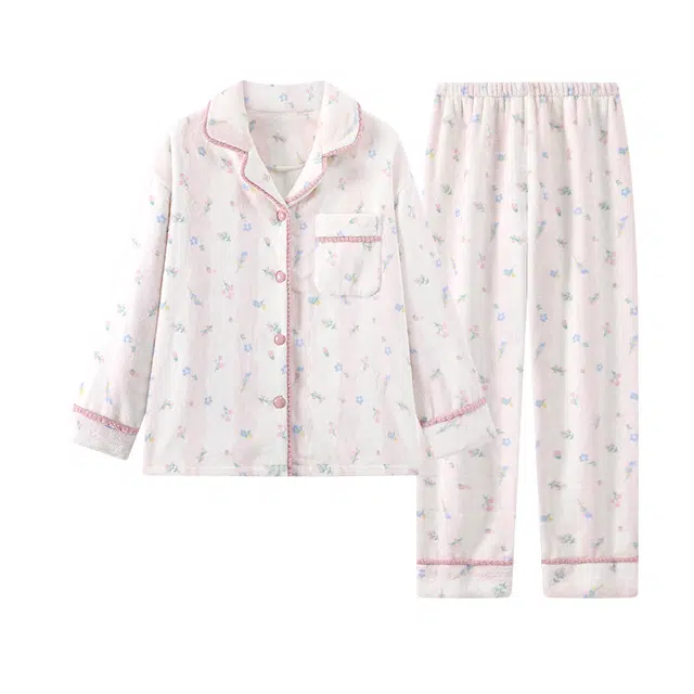 莫代尔 亲肤保暖储温蓄热加厚花卉满印甜美长袖长裤家居服可外穿睡衣套装 女款 杏色