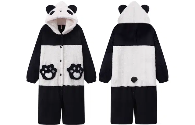宫蝶 保暖珊瑚绒熊猫睡衣家居服加厚可外穿中长款两穿连体裤休闲连帽冬季睡袍 男女同款 黑色