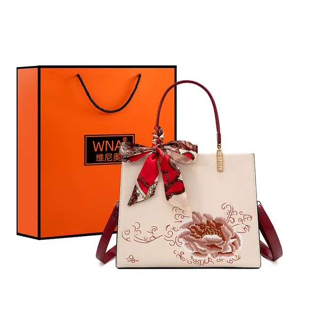 维尼奥 大气国风百合花刺绣小众大容量优雅妈妈 合成革 手提包单肩斜挎包 女款 米白色/杏色