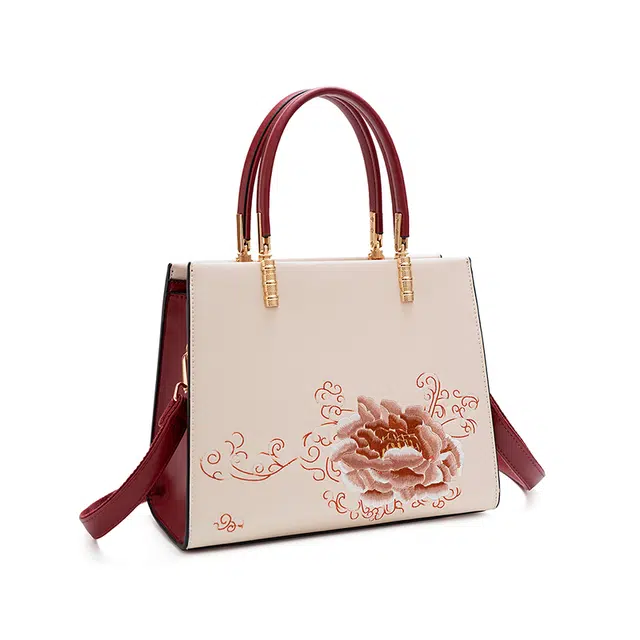维尼奥 大气国风百合花刺绣小众大容量优雅妈妈 合成革 手提包单肩斜挎包 女款 米白色/杏色