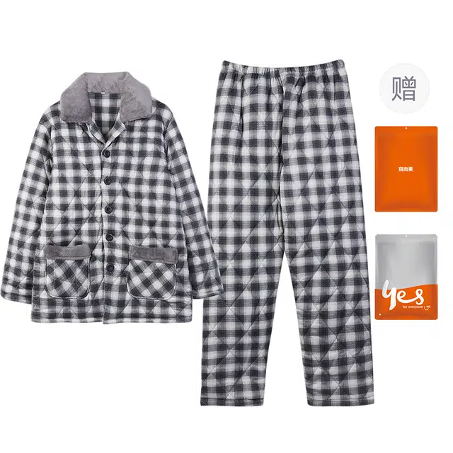 宜而爽 针织牛奶丝家居服夹棉翻领开衫防风抗寒长袖长裤睡衣套装 男款 灰色