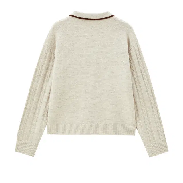 佐丹奴 肌理感绞花撞色边翻领毛织半开襟长袖针织衫 女款