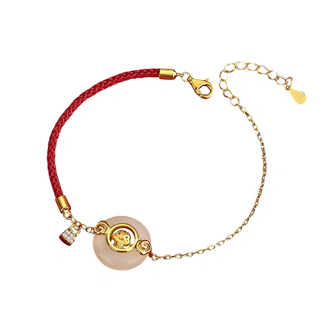 希缘 萌蛇平安扣 新中式国潮复古本命年蛇年编织红手绳手饰 和田玉手链 青白玉 女款