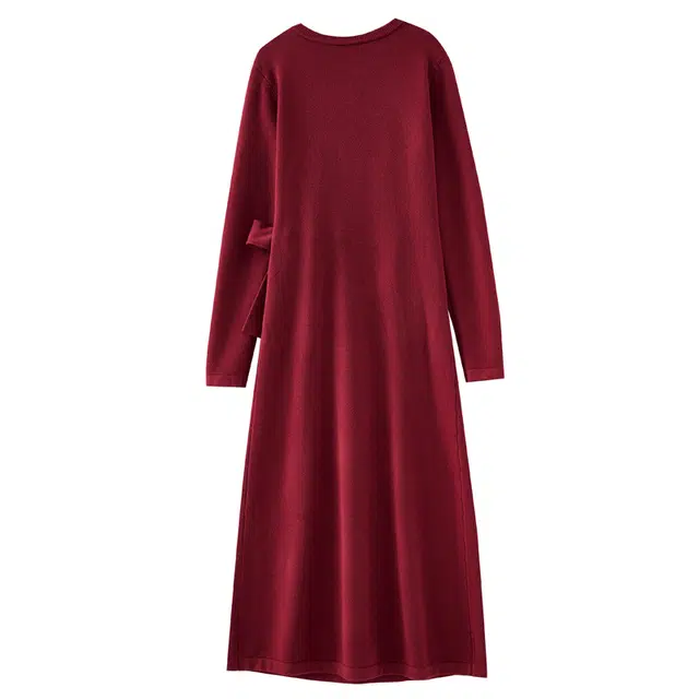 欧昵雪 圆领时尚简约交扭高腰气质长袖连衣裙 女款 暗红色