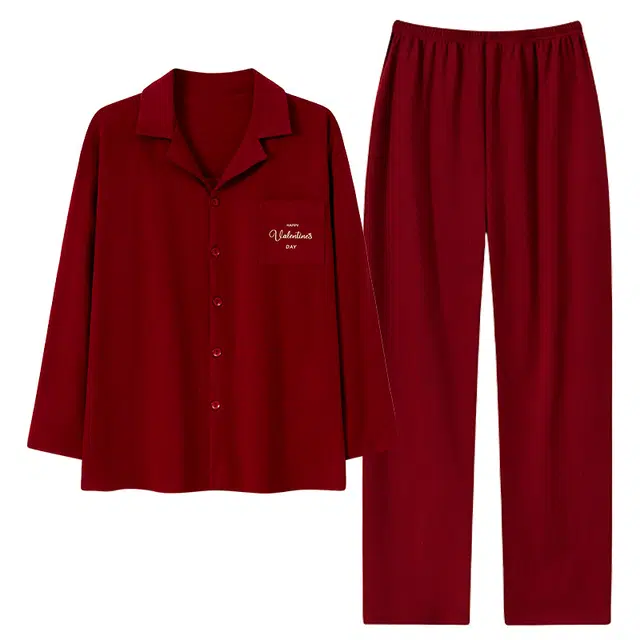 莫代尔 喜庆休闲时尚翻领开衫保暖亲肤家居服睡衣套装 男女同款 红色