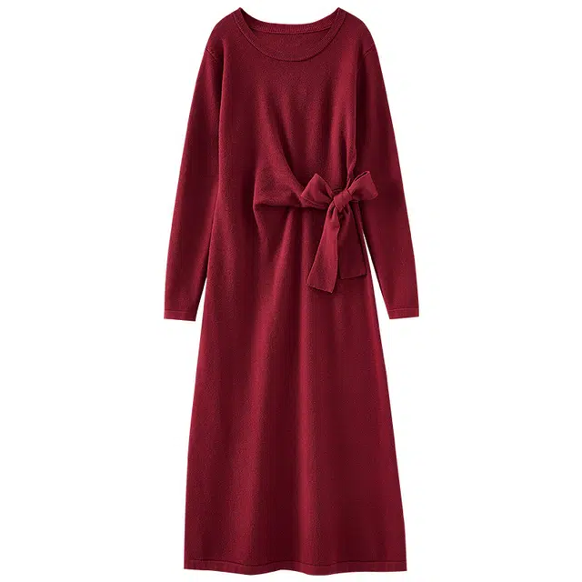 欧昵雪 圆领时尚简约交扭高腰气质长袖连衣裙 女款 暗红色