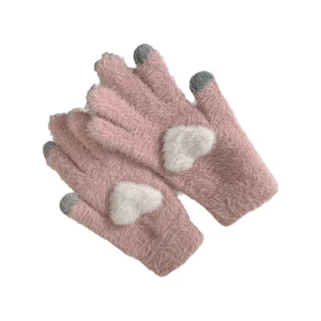 木林森 秋冬加绒保暖触屏甜美少女韩版可爱针织爱心提花分指骑行防寒学生 涤纶 绒线手套 女款 粉色