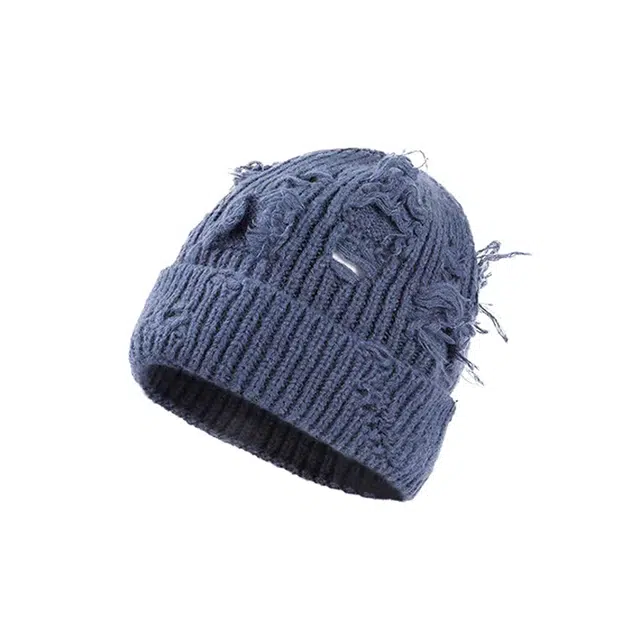 浪莎 大版破洞针织帽子男女情侣款秋冬季圆脸显脸小冷帽高品质卷边百搭绒线帽 涤纶 绒线帽 男女同款情侣款