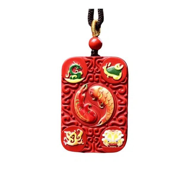 石在行 高含量复古红砂平安转运纳福国潮新中式五福临门彩绘四神兽吊牌 朱砂 吊坠 男女同款情侣款