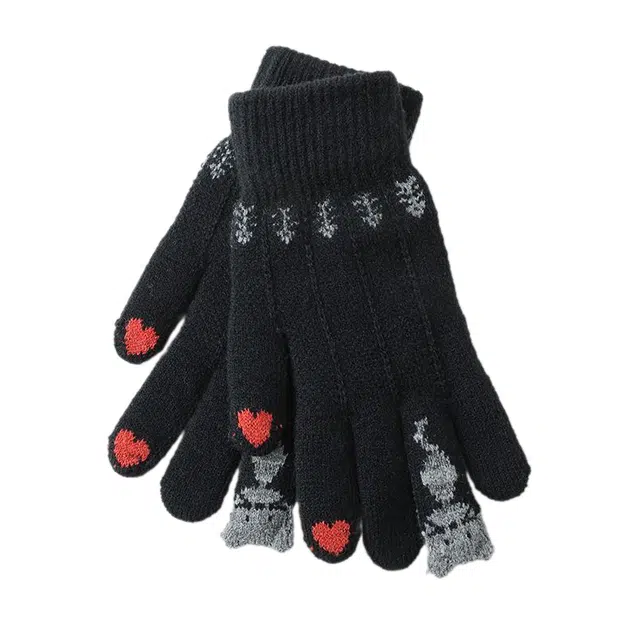 木林森 小猫咪刺绣可爱风触屏圣诞红色分指冬天学生可爱韩版加厚毛绒骑行保暖 涤纶 绒线手套 女款
