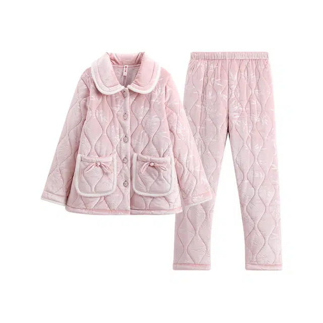 芬腾 三层夹棉可外穿保暖家居服长袖长裤睡衣套装 女款 糖果粉