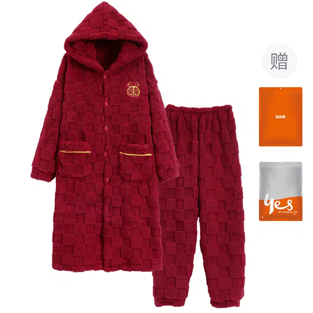 宜而爽 刺绣喜庆本命年简约保暖亲肤舒适可外穿开衫连帽长袖长裤睡衣套装 男款 红色