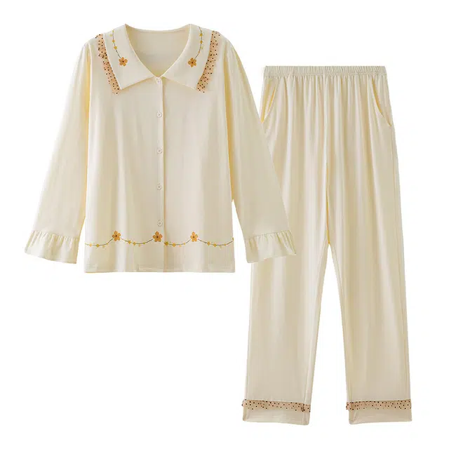 梦特娇 新中式古风开衫长袖长裤家居服可外穿舒适亲肤休闲简约睡衣套装 女款 雅杏色