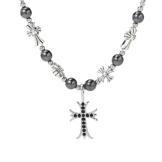 前方大荒野 串珠十字架锁骨链轻奢高级感简约小众设计欧美风时尚潮流个性精致穿衣百搭 合金 树脂 项链 男女同款情侣款