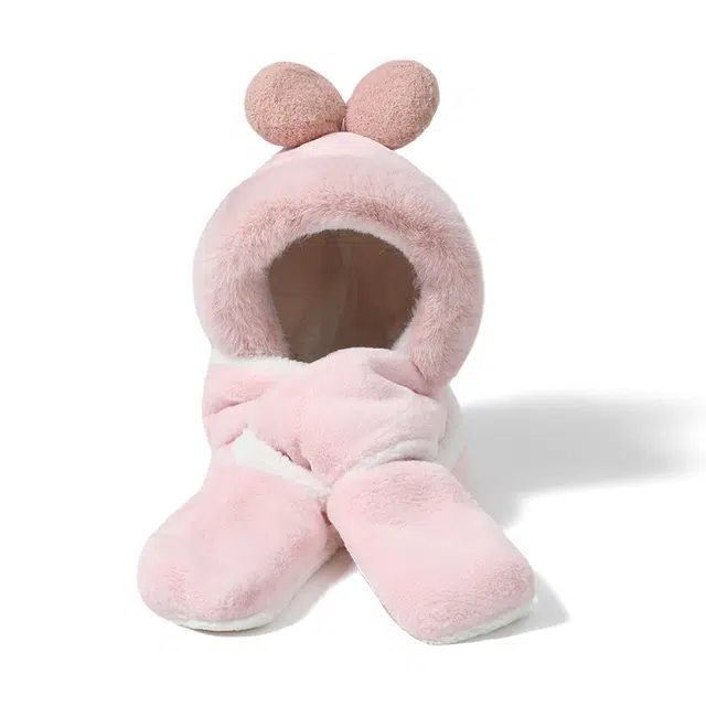 南极人 可爱毛绒一体冬季连帽三件套保暖加绒防风 加厚 聚酯纤维 斗篷帽 女款