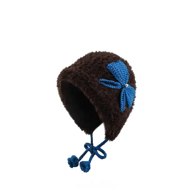 浪莎 文艺风可爱手工钩针毛绒帽子女生秋冬季甜美可爱蝴蝶结加厚保暖护耳包头帽 腈纶 绒线帽 男女同款情侣款