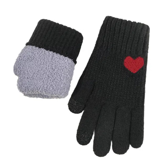 木林森 冬季五指针织爱心提花防寒学生加绒加厚保暖骑行 腈纶 绒线手套 男女同款情侣款
