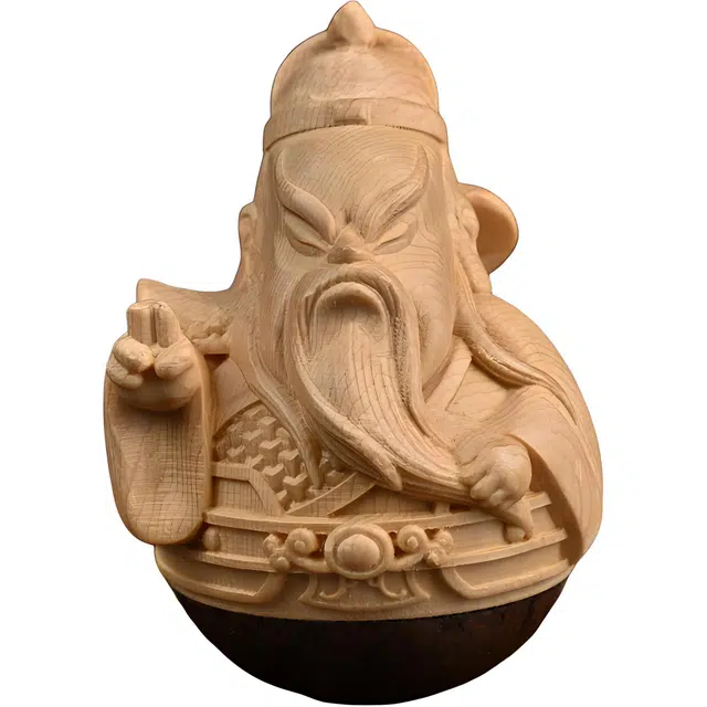 天纵 招财平安新中式手工创意办公室桌面装饰品  实木雕刻卡通版不倒翁关公文玩好运手把件 黄杨木 木作摆件 男女同款情侣款