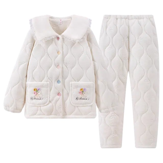 宫蝶 保暖三层夹棉加厚家居服可外穿简约甜美风休闲长袖长裤睡衣套装 女款 白色