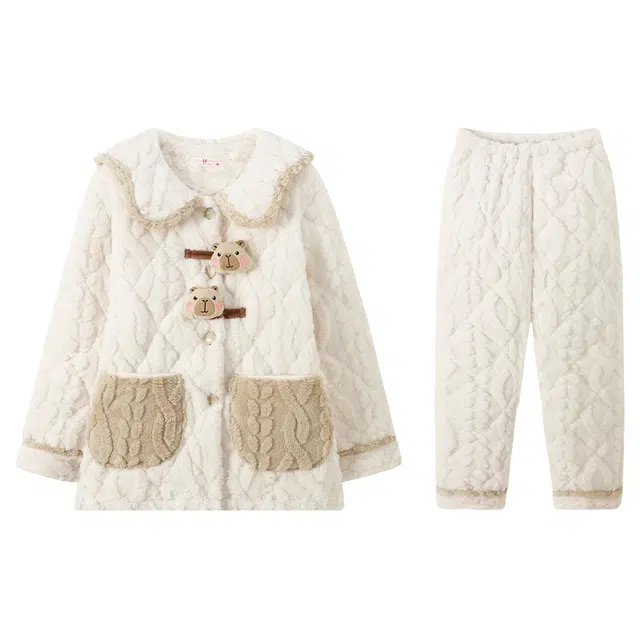 俏霓桐 可爱小熊保暖锁温长袖开衫长裤可外穿睡衣套装 女款 图色