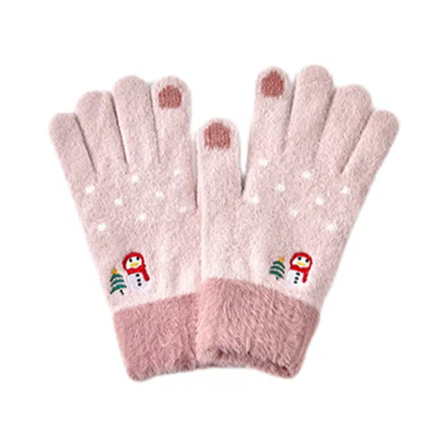 木林森 秋冬季可爱小雪人刺绣绒线骑行防寒防冻可触屏保暖加绒加厚毛线棉 涤纶 手套 男女同款情侣款