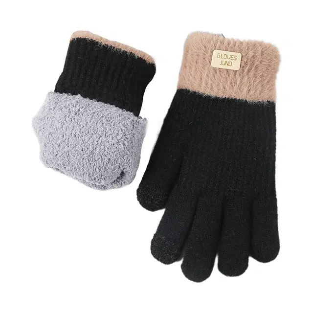 木林森 可触屏防寒冬季加绒加厚保暖针织黑色耐磨骑行防风 腈纶 绒线手套 男女同款情侣款