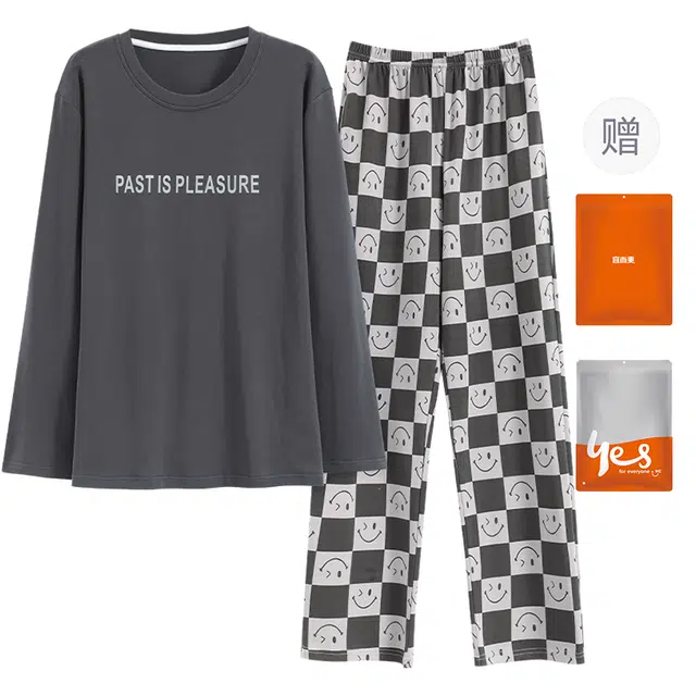 宜而爽 韩版时尚字母印花简约圆领套头柔软亲肤休闲长袖长裤睡衣套装 男款 礼袋装 深灰色