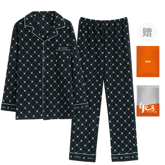 宜而爽 翻领格子高级感可外穿简约长袖长裤睡衣套装 男款 黑色