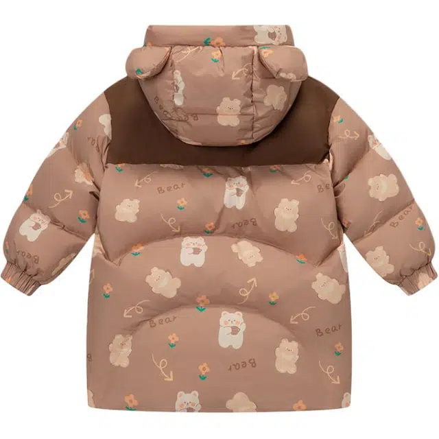 鸭鸭 连帽拉链保暖中长款羽绒服 米棕色调 中小童