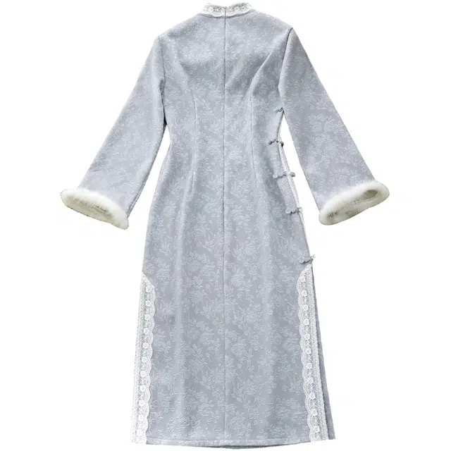 她池 新中式立领加绒提花蕾丝百搭休闲长袖连衣裙 女款 蓝色