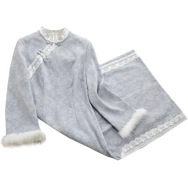 她池 新中式立领加绒提花蕾丝百搭休闲长袖连衣裙 女款 蓝色