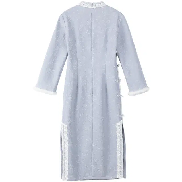 她池 新中式立领加绒提花蕾丝百搭休闲长袖连衣裙 女款 蓝色