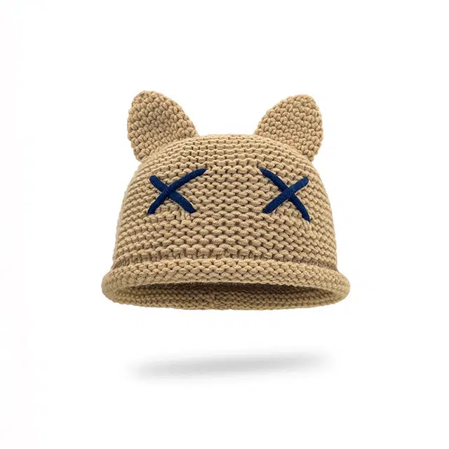 浪莎 猫耳朵手工毛线帽子女生秋冬保暖针织帽可爱时尚包头显脸小冷帽绒线帽 涤纶 绒线帽 女款