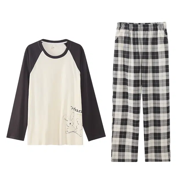 莫代尔 休闲轻盈时尚圆领简约柔软长袖长裤可居家可外穿睡衣套装 男女同款 图片色