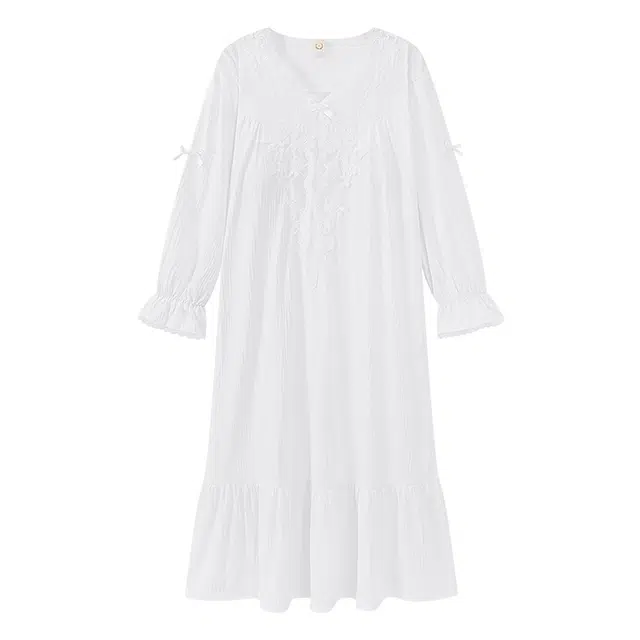 莫代尔 舒适亲肤带胸垫防凸点甜美时尚长袖家居服可外穿睡裙 女款 白色