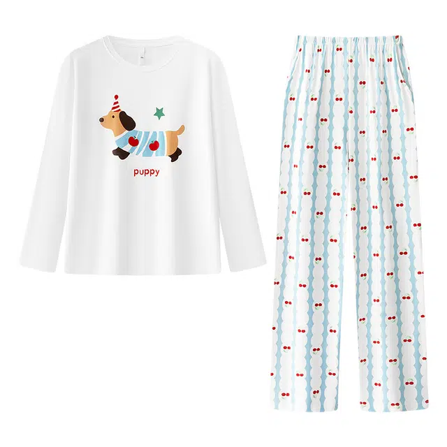 宫蝶 腊肠狗长袖可外穿休闲碎花满印长裤睡衣套装 女款 白色