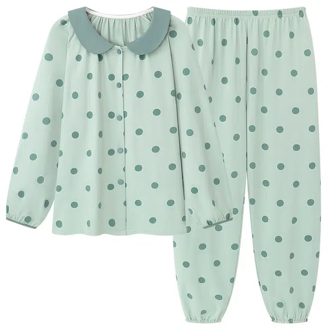 莫代尔 舒适亲肤翻领开衫圆点满印时尚甜美长袖长裤可外穿睡衣套装 女款 浅绿色