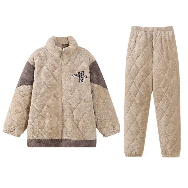 莫代尔 防寒时尚简约保暖亲肤加厚长袖长裤可外穿家居服睡衣套装 男款 小麦色