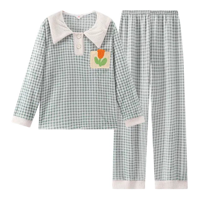 宫蝶 保暖家居服厚款可外穿休闲甜美格子开衫长袖长裤睡衣套装 女款