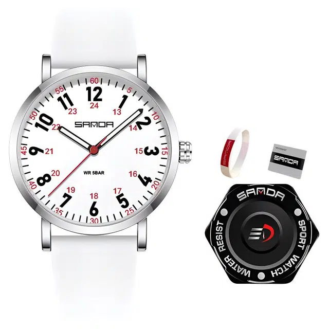 三达简约时尚考生专用静音走时超薄表壳 石英机芯 硅胶表带 国表 男女同款 白色表盘 防水夜光