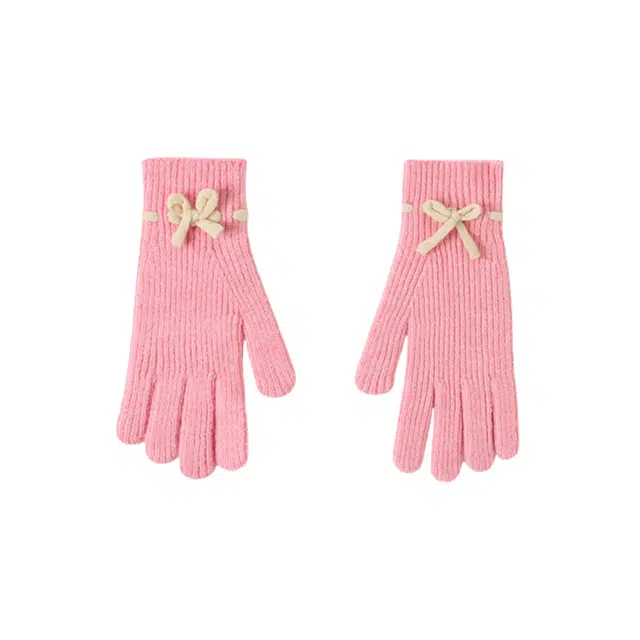 北极绒 针织蝴蝶结学生可爱韩版秋冬季骑行保暖漏露指触屏潮流百搭 聚酯纤维 绒线手套 女款