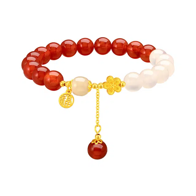 梦金园 十里桃花 福牌花蕊好运连连国风清新手饰 玛瑙 手串 女款